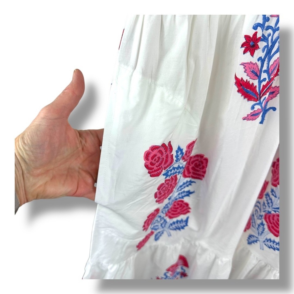 OLIPHANT Puff Maxi Dress Verna Red Blue Floral Tiered Skirt Puff Sleeve Cotton - Picture 7 of 16